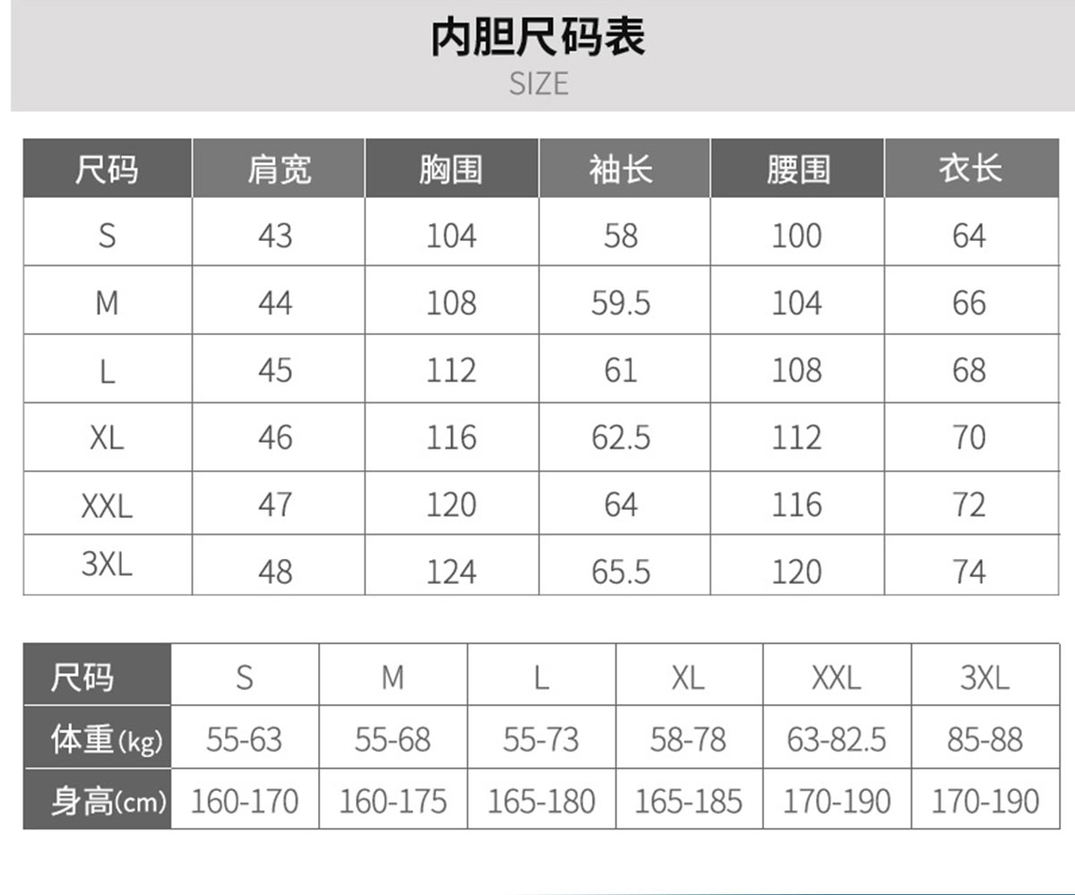 男士沖鋒衣尺碼表